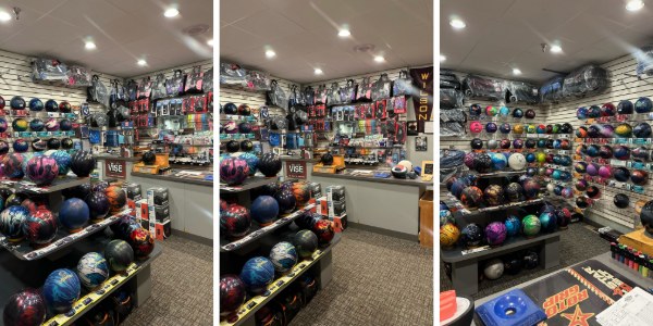 Racks of bowling balls and gear inside the Pro-Am Pro Shop at Woodland Lanes