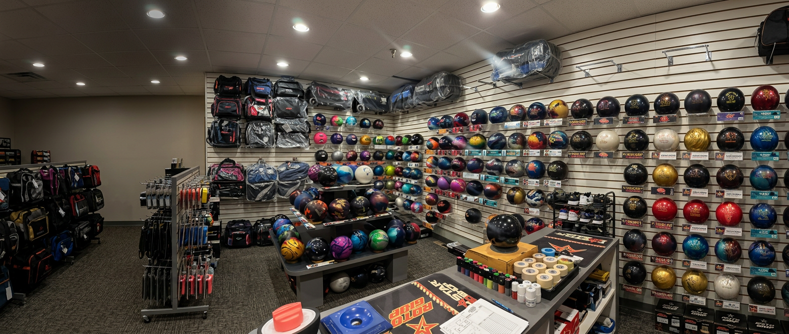 Bowling balls, bags and gear displayed throughout the Pro-Am Pro Shop